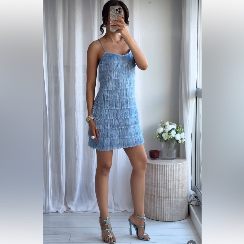 Zara Light Blue metallic Fringe Mini Dress - Picture 5 of 16